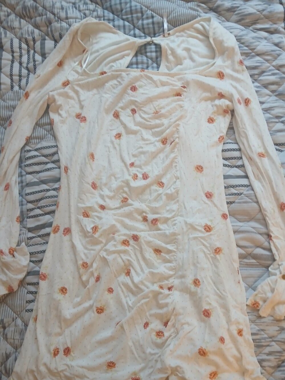 Free People Floral Ruched Mini Dress Size L – Long Sleeve Cutout Stretch